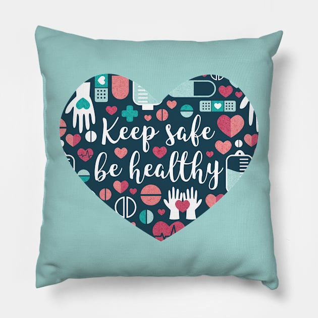 Keep safe be healthy // heart print // navy blue background aqua mint red white and coral medicine elements Pillow by SelmaCardoso