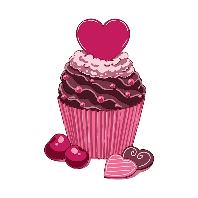 Cute chocolate muffin with a pink heart and cherries by MinimalAnGo