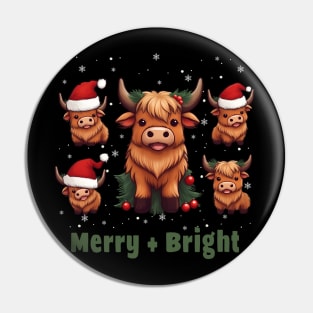 Cute Highland Cow Christmas Merry and Bright, Scottish, Cow Xmas Farmer, Christmas sweater with cute Highland Cow Pin