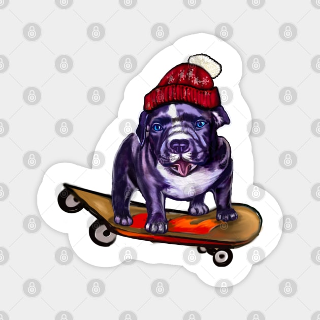 pit bull dog puppy skateboarding in a red beanie hat - cute funny blue line pittie with piercing blue eyes Magnet by Artonmytee