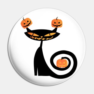 Halloween Witch Black Cat Playing with Happy Pumpkin Pin