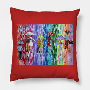 Colourful Umbrellas in a Rainbow Sky Pillow
