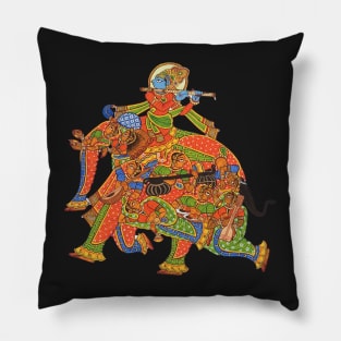 "Narikunjar" Elephant formation by women and lord krishna print indian folk art "phad painting" Pillow