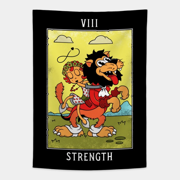 Strength- Mystical Medleys - Vintage Cartoon Tarot Tapestry by Mystical Medleys