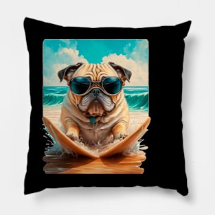 Pug on the beach Surf Pillow