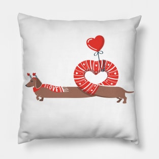 Dachshunds long love // neon red hearts scarves sweaters and other Valentine's Day details brown funny weiner dog puppy Pillow