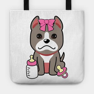 cute baby grey dog wears a pink ribbon Tote