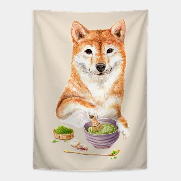 Shibuya Dog having Matcha Tea Tapestry by Goosi