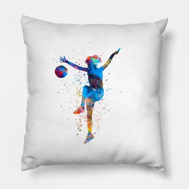 Woman footballer in watercolor Pillow by PaulrommerArt