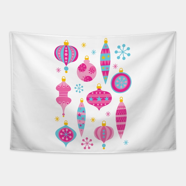 Retro Christmas Ornaments Pink - Mid Century Modern White Tapestry by PUFFYP