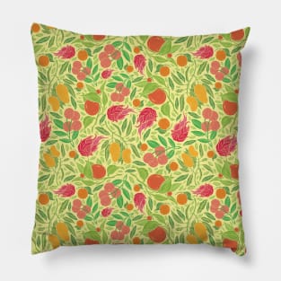 Dragonfruit amoung mango and mandarin on yellow background Pillow