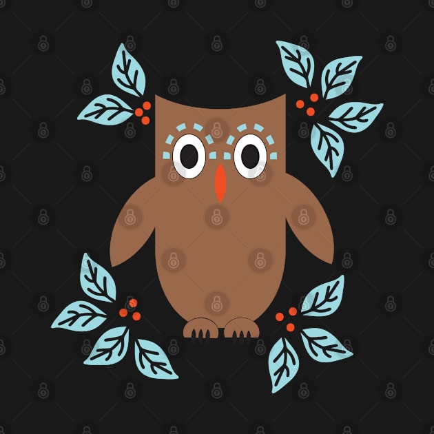 Cute chocolate brown baby owl with berries and leaves by FrancesPoff