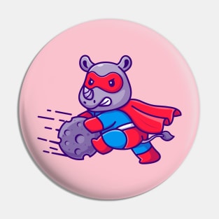 Cute Rhino Superhero Stopping Meteor Cartoon Pin