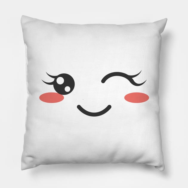 WINKING FACE CUTE KAWAII ANIME KAOMOJI EMOTICON CARTOON Pillow by Chameleon Living