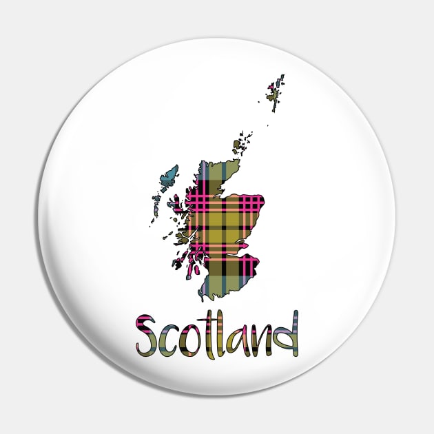 Scotland Pink, Blue and Yellow Tartan Map Typography Design Pin by MacPean