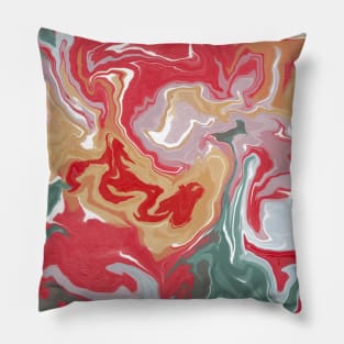 Shades of Happy Pastel Red Green and Yellow Aesthetic Marble Pattern Pillow