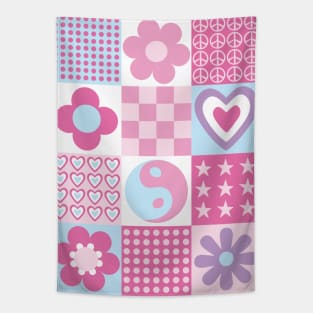 Retro Blocks with Flowers, Hearts and Stars Tapestry