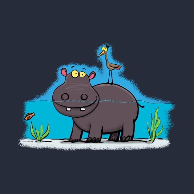 Cute hippo in the river with bird cartoon by FrogFactory