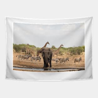 Zebra giraffe and elephant at the waterhole Tapestry