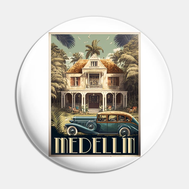 Medellin Colombia Vintage Travel Art Poster Pin by OldTravelArt