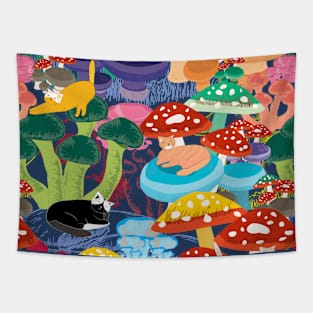 Cats in Mushroom Forest Tapestry