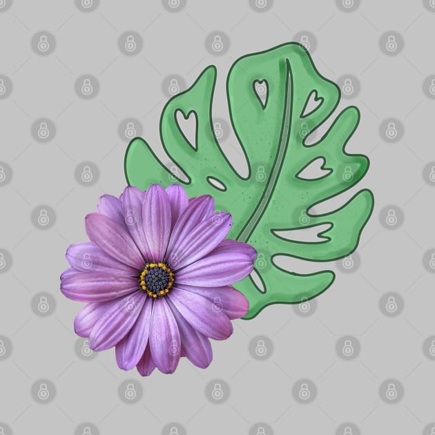 Monstera Leaf and Purple Daisy - Swiss Cheese Leaf by Tenpmcreations