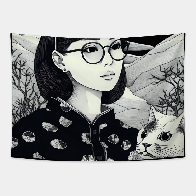 Black and white portrait of woman with cat Tapestry by KOTYA