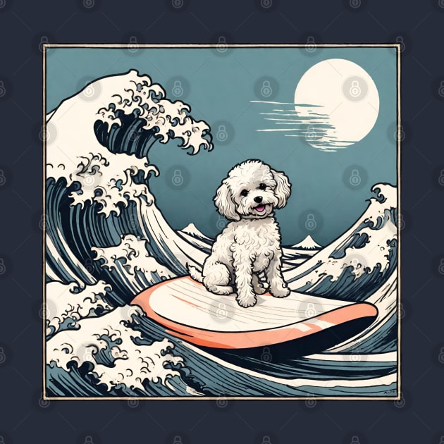 Funny Maltipoo Crusty White Dog Surfing in The Great Wave Cute Maltese Shih Tzu Dog Mom by wigobun