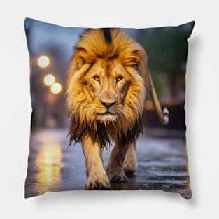 Lion Wildlife Animal On Street Outdoors Pillow