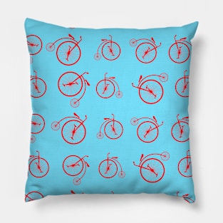 Red Retro Bicycle Pattern on Blue Background Pillow