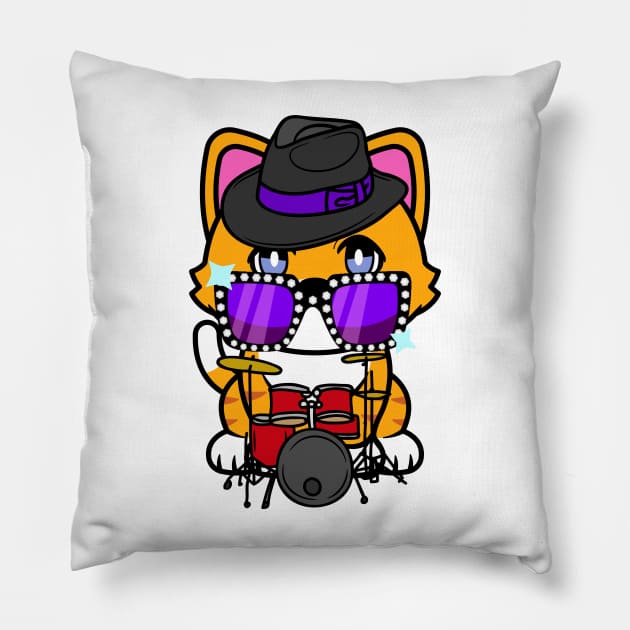 Funny orange cat is playing the drums Pillow by Pet Station