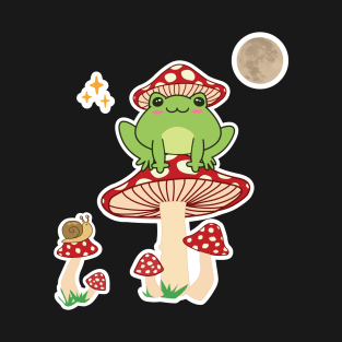 Kiki The Frog, Cute frog with a hat mushroom on a mushroom in the forest -Sticker style- T-Shirt