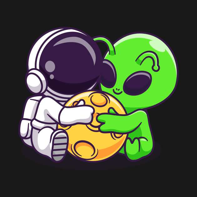Cute Astronaut And Alien Hug Moon Cartoon by Catalyst Labs