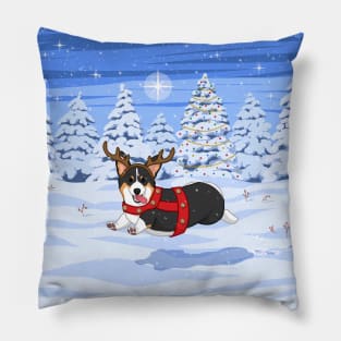 Cute Black Pembroke Corgi in Christmas Reindeer Costume Pillow