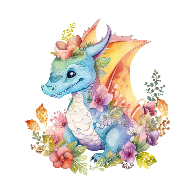 Cute Spring Flower Dragon Watercolor by Fledermaus Studio