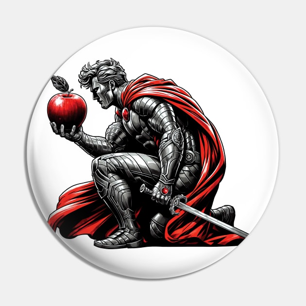 A Silver Knight Holds A Red Apple Pin by TeaTimeTales