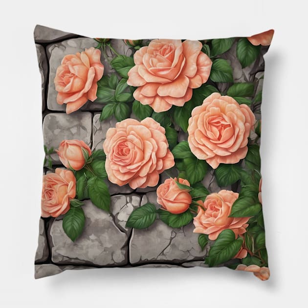 PEACH CLIMBING ROSES ON STONE WALL Pillow by Ciervo Primavera