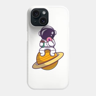 Cute Astronaut Eating Doughnut And Holding Coffee Cup On Planet Cartoon Phone Case