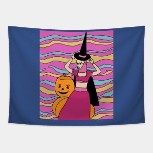 Flying Witch On A Broomstick With A Hat Tapestry