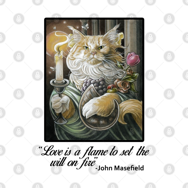 Candle Light Cat - Love is a Flame Quote - Black Outlined Version by Nat Ewert Art