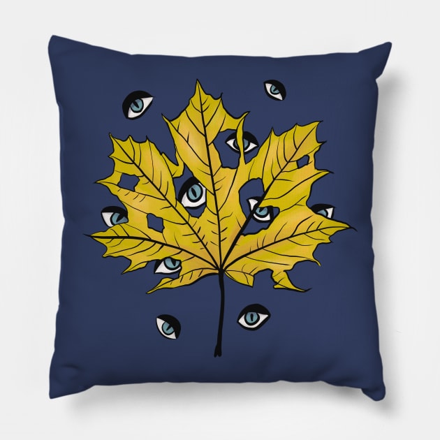 Yellow Leaf Witchy Creepy Eyes Pattern Pillow by Boriana Giormova