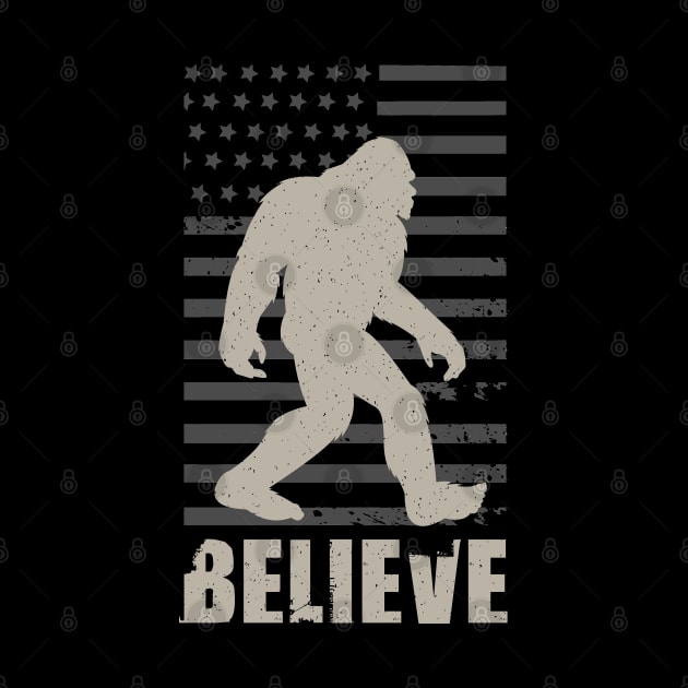 Bigfoot Believe Retro Vintage American Flag by Tesszero