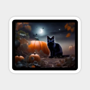 A sleek black cat in a pumpkin patch on Halloween night Magnet