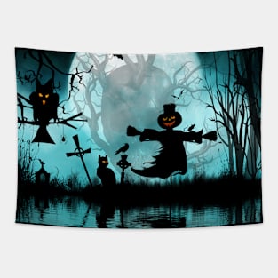 Funny halloween design with scarecrow, cat Tapestry