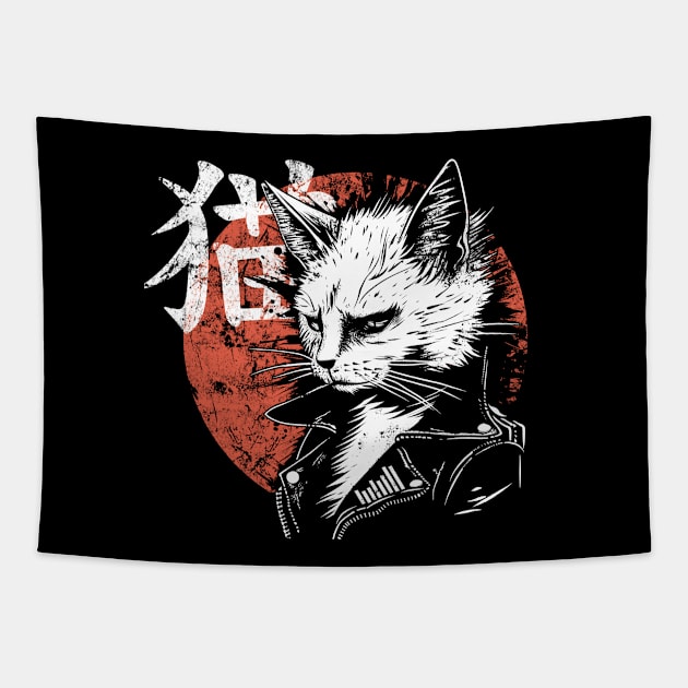 Zen Cat: Tranquility Meets Punk Tapestry by Skull Riffs & Zombie Threads