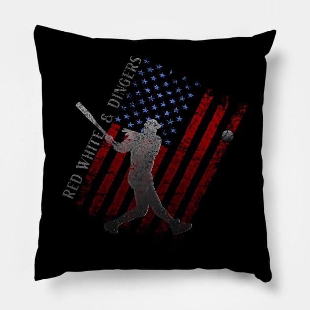 Red White and Dingers Baseball, American Flag Vintage Distressed Pillow by TeeCreations