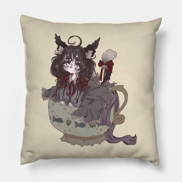 Gothic cat girl in a teacup Pillow by Pinkupyon 