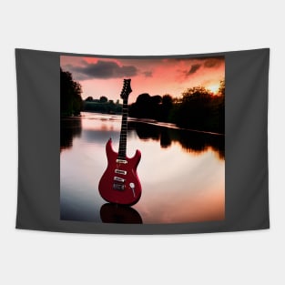 A Red Guitar Stadning On The River Thames in English Countryside At Sunset Tapestry