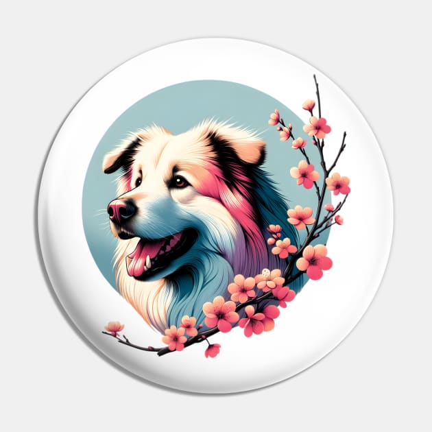 Pyrenean Shepherd, Spring Joy Among Cherry Blossoms Pin by ArtRUs