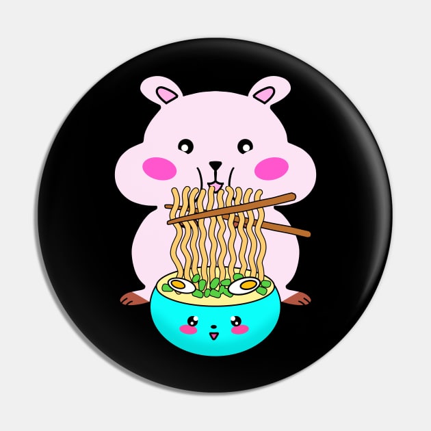 Cute funny happy Kawaii pink baby hamster eating yummy bowl of ramen noodles and chopsticks cartoon. Best comfort food. Gifts for Japanese cuisine lovers Pin by IvyArtistic